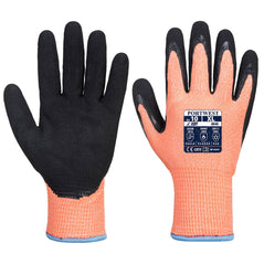 Portwest Vis-Tex Winter HR Cut resistant hi vis glove. Glove has a Black Sandy Nitrile palm and orange back.