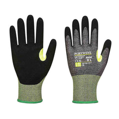 Grey work gloves with black grip and yellow cuff as well as yellow seam protector. 