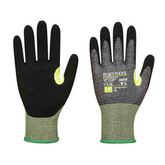 Grey work gloves with black grip and yellow cuff as well as yellow seam protector.