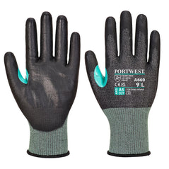 PU cut Glove with black grip and khaki green sleeve and cyan blue colour in between finger and thumb
