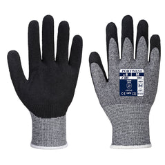 Grey Portwest VHR advanced cut resistant glove. Glove has a grey back, Black latex coated palm and white elasticated wrist.