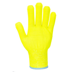 Yellow Portwest pro cut liner glove. Glove has green elasticated wrist.