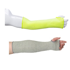 Yellow and grey cut resistant sleeve.