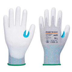 Grey and white Fingertip Glove Black with paterned blue sleeve and elasticated green wrist