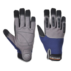 Navy high performance impact mechanics glove. Glove has grey and black accents and velcro fasten.