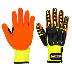 Orange, Yellow and black impact resistant cut glove. Glove has impact padding in black and yellow, a orange palm and a Velcro wrist strap.
