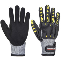 Grey and black impact resistant cut glove. Glove has impact padding in black and yellow, a black palm and a Velcro wrist strap.