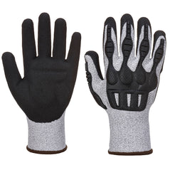 Grey TPV cut level glove. Glove has black palm grey main of the glove and black impact resistant back to the glove.