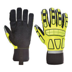 Black and yellow portwest safety impact glove. Glove is unlined, has a black palm and wrist, Glove has a yellow impact resistant back.