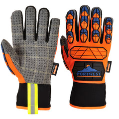 Orange, blue and black impact resistant cut glove. Glove has impact padding in orange and blue, a grey palm and is aqua sealed with a elasticated wristband and hi vis loop.