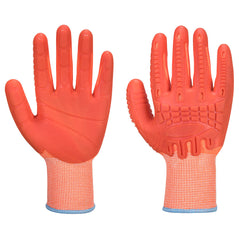 Orange Supergrip impact HR cut resistant gloves. Gloves have orange palm, orange impact resistant back and elasticated wrist. Wrist cuff is in blue.