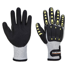 Grey and black impact resistant cut glove. Glove has impact padding in black and yellow, a black palm and a Velcro wrist strap.