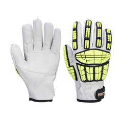 White impact pro glove with yellow impact padding on the back of the hand with black velcro fasten.