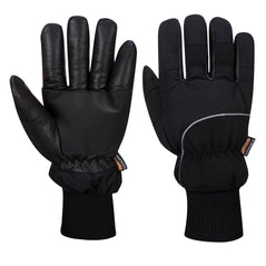 Black cold store glove with a grey stripe running through and leather palm.