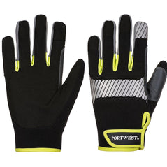 Black general utility glove with yellow trim and strap, reflective tap across the knuckle and index finger