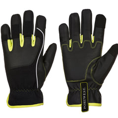 Black tradesman glove with yellow trim and yellow web inbetween fingers