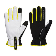 Black winter glove with yellow wrist trim and finger webs with white palm and grip