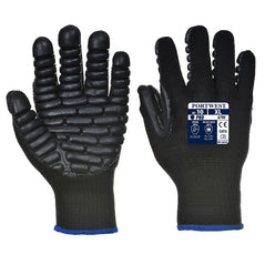 Black vibration resistant cut glove. Glove has a black ribbed anti vibration palm.