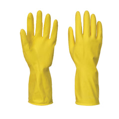 Yellow latex household cleaning gloves.