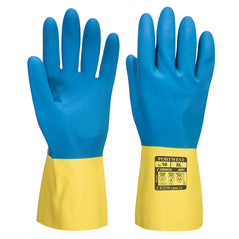 Blue and yellow double dipped latex chemical resistant gauntlet.