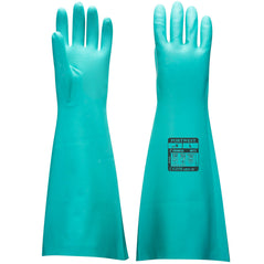 Green extended length chemical resistant nitrile gauntlet glove.
