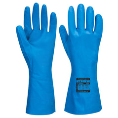 Blue nitrile food approved long cuff gauntlet gloves.
