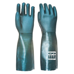 Dark green double dipped PVC chemical resistant gauntlet.