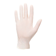 Portwest white Powdered Disposable latex Gloves. Gloves are a tight latex fit and have an elasticated wrist.