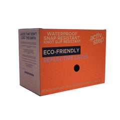 Orange and brown box of eco-friendly reflective laces.