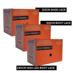 3 orange and brown boxes of eco-friendly shoe and boot laces.
