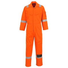 Orange flame retardant coverall with hi vis straps on the ankles, arms and shoulders. coveralls are zip fasten and have visible zip chest pockets.