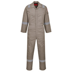 Kaki flame retardant coverall with hi vis straps on the ankles, arms and shoulders. coveralls are zip fasten and have visible zip chest pockets.