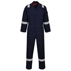 Navy flame retardant coverall with hi vis straps on the ankles, arms and shoulders. coveralls are zip fasten and have visible zip chest pockets.