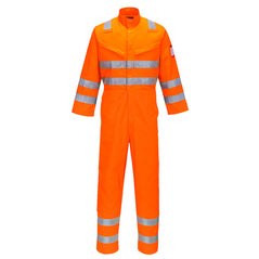 Orange flame retardant coverall with hi vis straps on the ankles, arms, chest and shoulders. coveralls are zip fasten and have visible zip chest pockets.