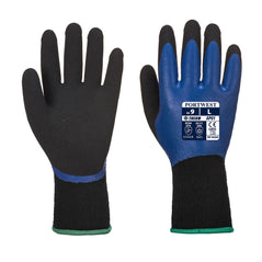 Thermo Pro waterproof latex coated glove from portwest. Glove has blue coated top and black coated palm. Glove has black wrist and green elasticated wrist cuff.