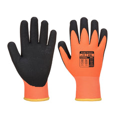 Thermo Pro ultra latex coated glove from portwest. Glove has orange coated top and black coated palm. Glove has black wrist and yellow elasticated wrist cuff.