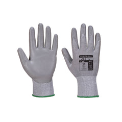 Grey senti cut line gloves. Cut line glove has grey palm, grey wrist and green elasticated cuff.