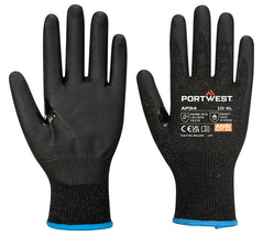 A Pair of Portwest Nitrile Foam Touchscreen Gloves in black with blue hem. Writing on back of glove.