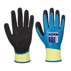 Aqua cut resistant gloves with a black palm and yellow wrist. glove has elasticated cuff.