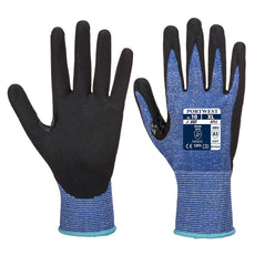 Blueand black dexti cut ultra glove. Glove has blue wrist and black palm.