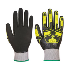 Black Waterproof HR Cut Impact Glove with yellow 3d grip pattern, green trim wrist