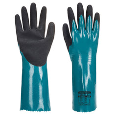 Blue and black sandy grip lite gauntlet. Gauntlet has aqua blue gauntlet cuff and black palm. Glove has black fingertips also.