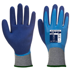Pair of blue portwest liquid pro HR cut gloves. Gloves have a grey cuff, darker blue waterproof top and latex palm.