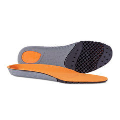 Pair of foot bed insoles with orange upper, grey bottom and black mesh panel on ball of foot.