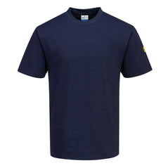 Navy blue ESD t-shirt with short sleeves, a dark navy collar and horizontal stripes along the shirt.