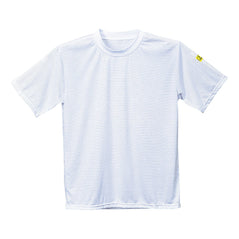 White ESD t-shirt with short sleeves, a dark navy collar and horizontal stripes along the shirt.