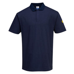 Navy blue ESD polo shirt with short sleeves, a dark navy collar and horizontal stripes along the shirt.