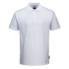 White ESD polo shirt with short sleeves, a dark navy collar and horizontal stripes along the shirt.