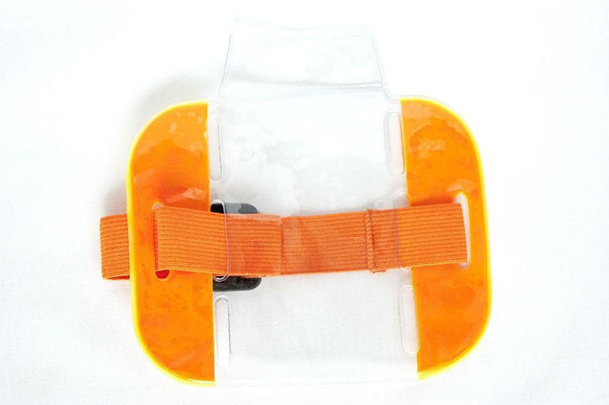 Orange overarm I.D. holder with hi visibility properties