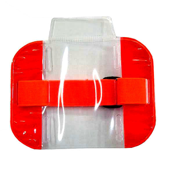Red overarm I.D. holder with hi visibility properties